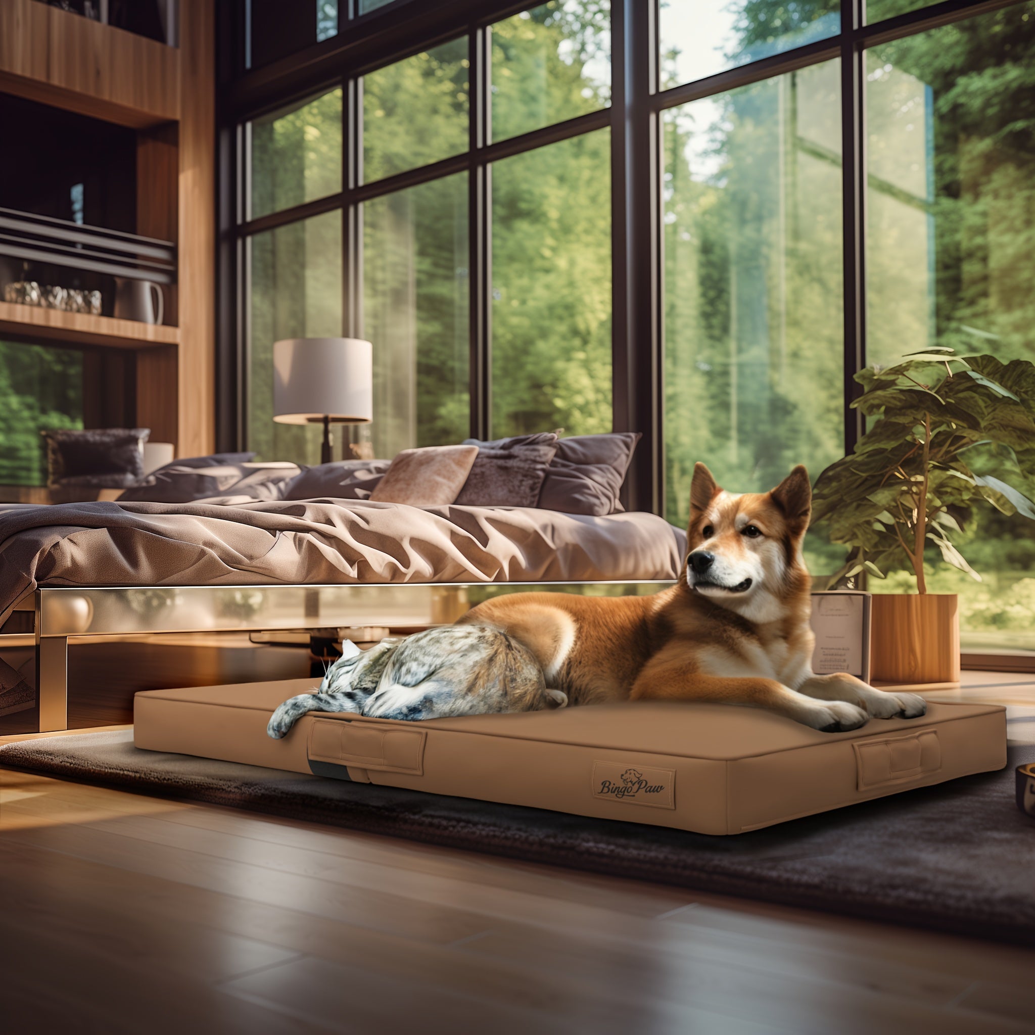 Großes Hundebett mit Mikrofaser-Lederpolsterung & orthopädischem Kissen